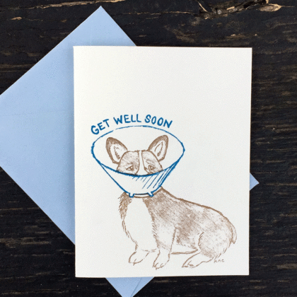 get well soon, greeting card, letterpress, corgie,