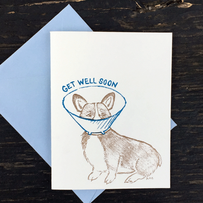 get well soon, greeting card, letterpress, corgie,