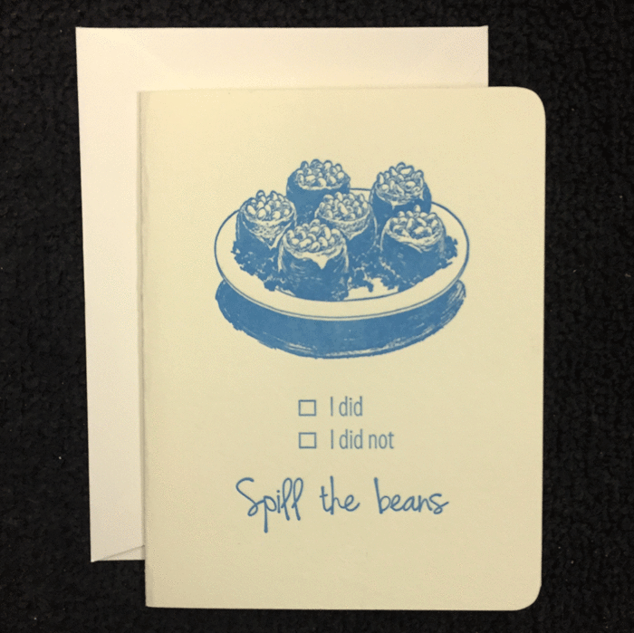 Spill the Beans Greeting Card beans, spilled the beans, greeting card, letterpress