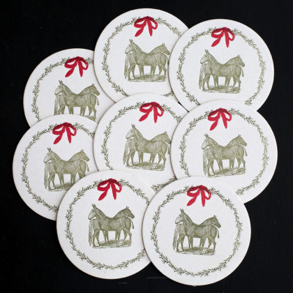 farm, coasters, letterpress coasters, bar ware bar tools, hostess gift, Holidays, horse, mule, pastoral, rural, wreath, equine