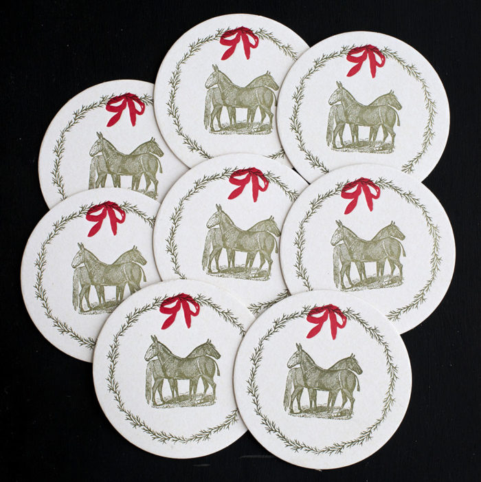 farm, coasters, letterpress coasters, bar ware bar tools, hostess gift, Holidays, horse, mule, pastoral, rural, wreath, equine