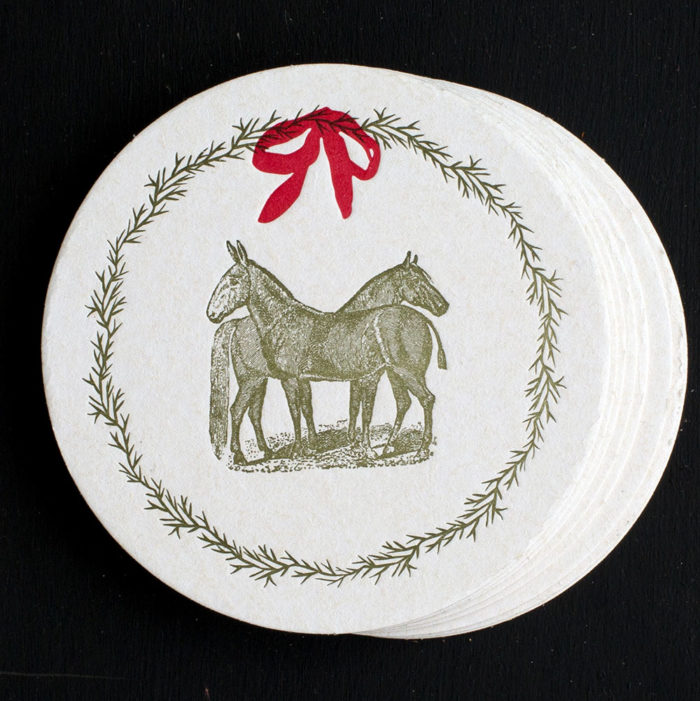 farm, coasters, letterpress coasters, bar ware bar tools, hostess gift, Holidays, horse, mule, pastoral, rural, wreath, equine