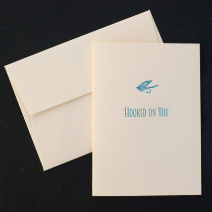 hooked on you, greeting card, letterpress, valentine