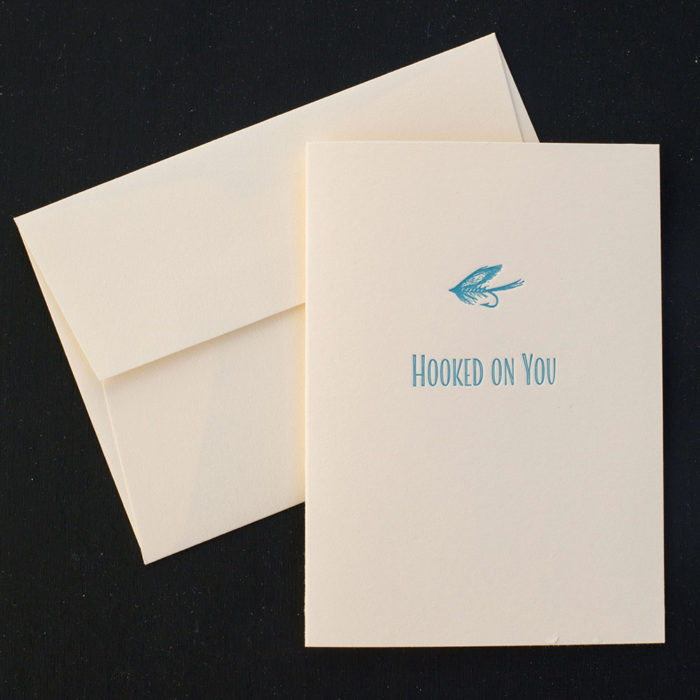 hooked on you, greeting card, letterpress, valentine