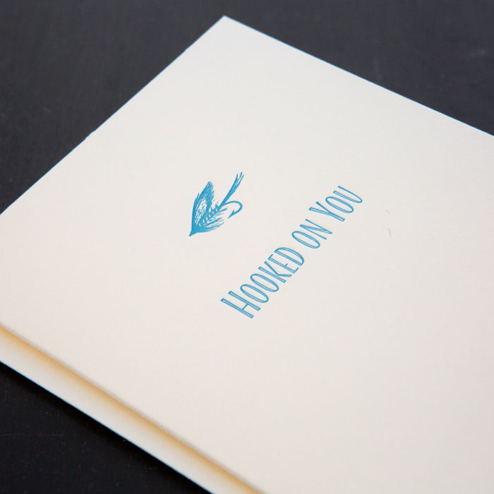 hooked on you, greeting card, letterpress, valentine